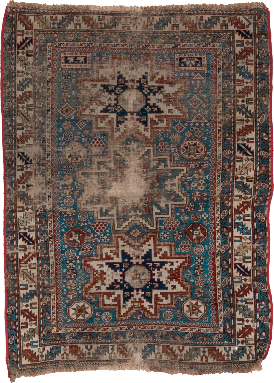 3' x 4' one-of-a-kind handmade vintage Shirvan small size rug. Color palette: ivory, turquoise, rust, navy, taupe, brown