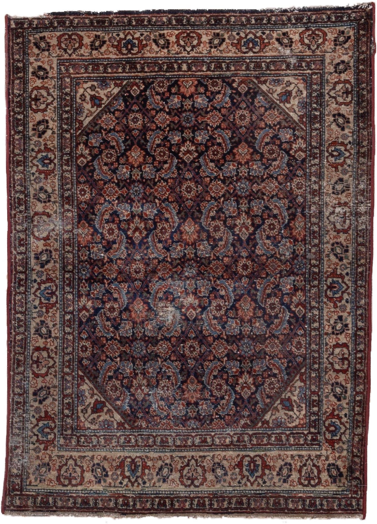 4' x 6' one-of-a-kind handmade vintage Malayer rug. Color palette: navy, ivory, rust, rose, burgundy, slate, camel, blue