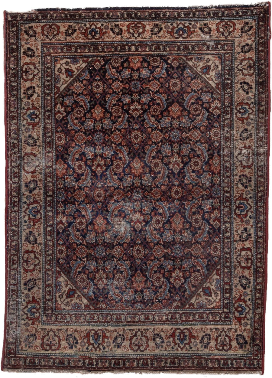 4' x 6' one-of-a-kind handmade vintage Malayer rug. Color palette: navy, ivory, rust, rose, burgundy, slate, camel, blue