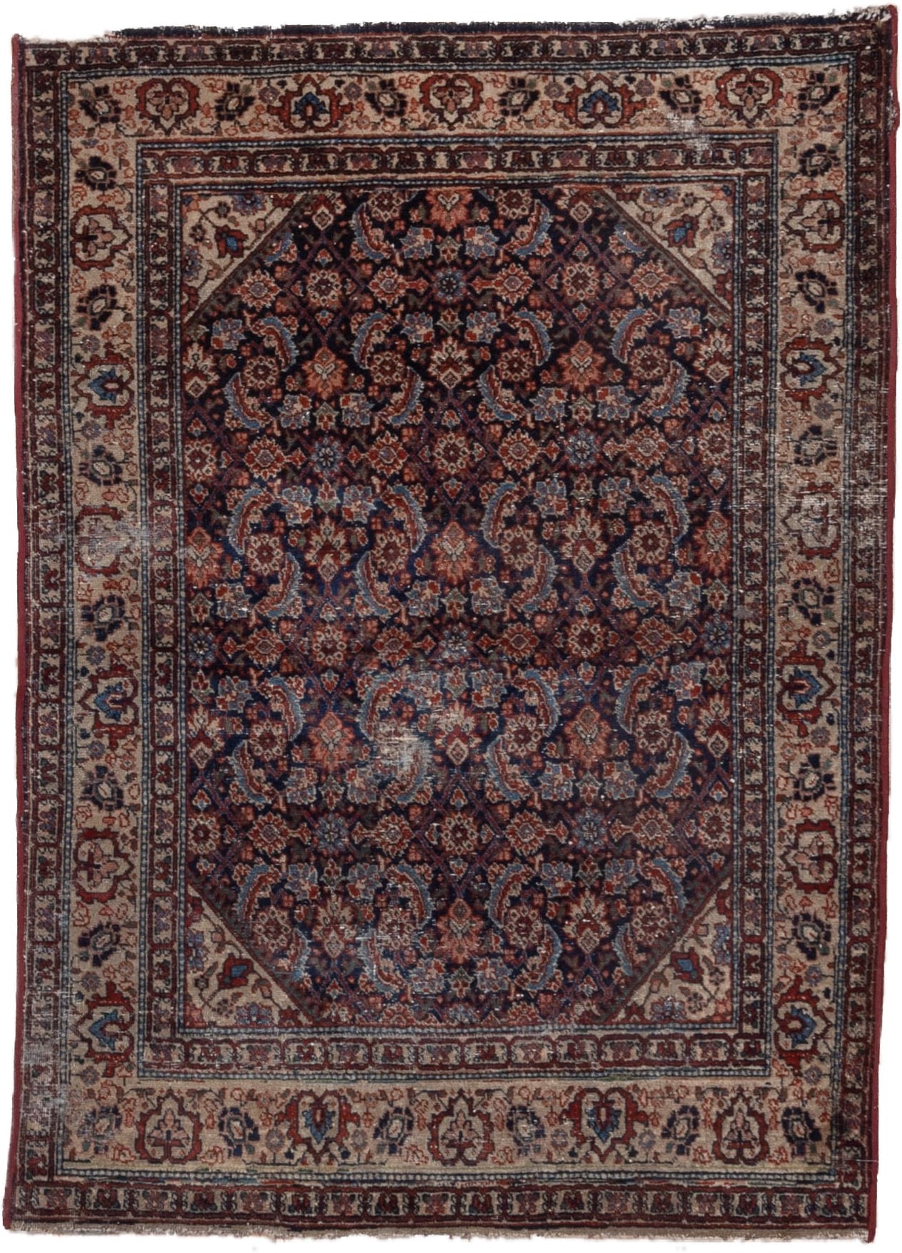 4' x 6' one-of-a-kind handmade vintage Malayer rug. Color palette: navy, ivory, rust, rose, burgundy, slate, camel, blue