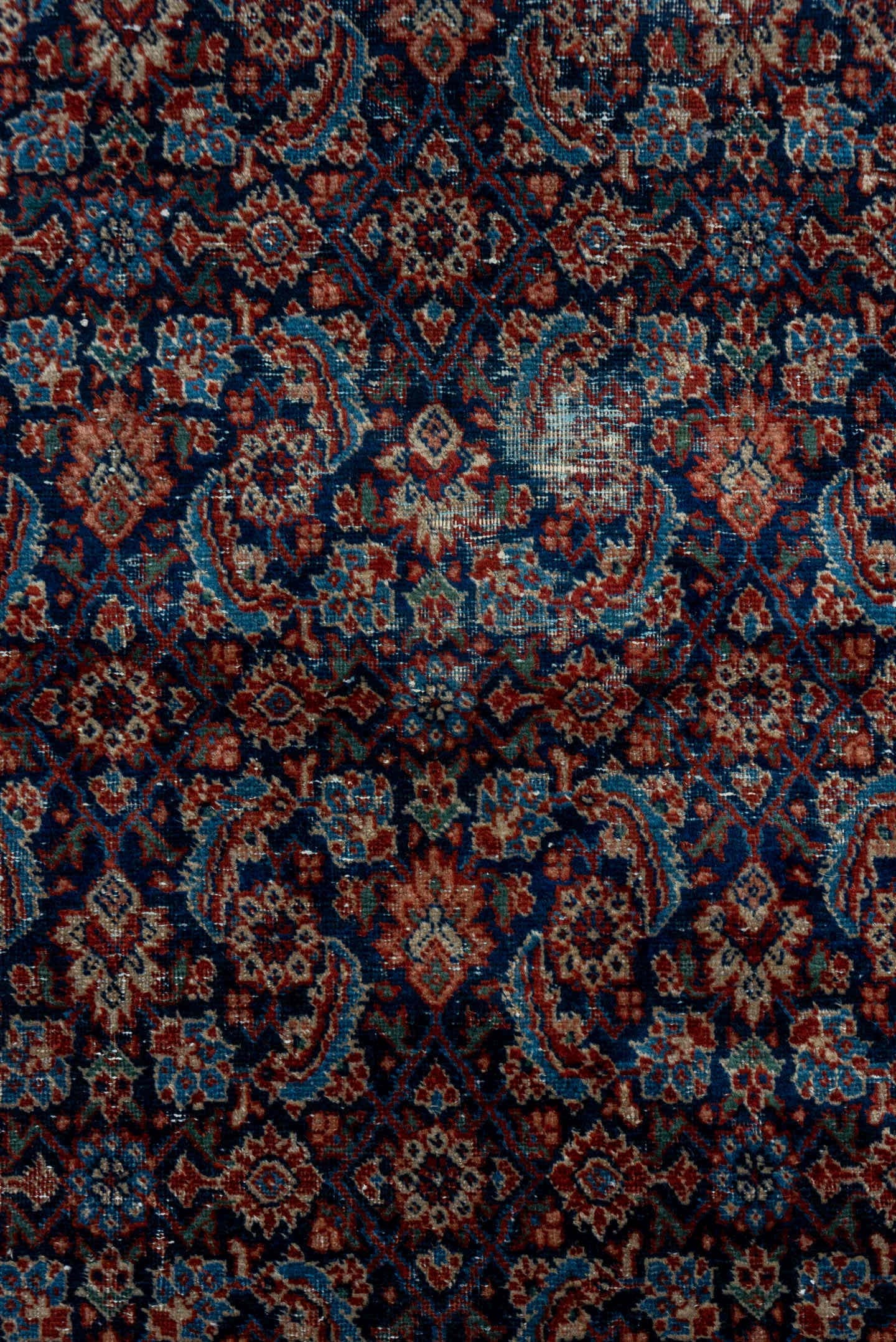 4' x 6' one-of-a-kind handmade vintage Malayer rug. Color palette: navy, ivory, rust, rose, burgundy, slate, camel, blue