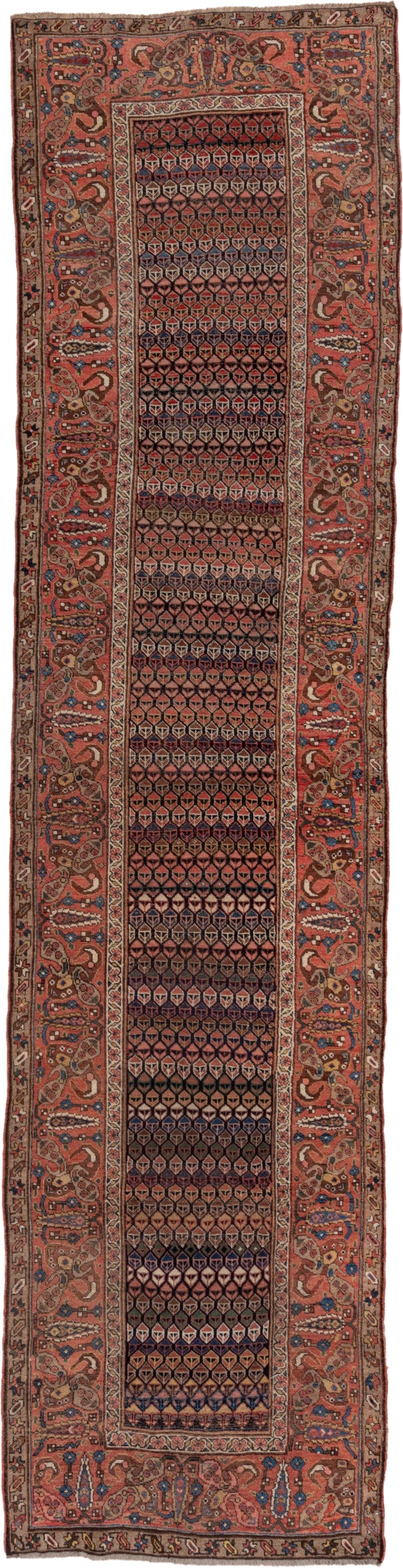 3' x 14' one-of-a-kind handmade antique Bidjar runner rug. Color palette: rust, brown, indigo, ivory, camel, navy