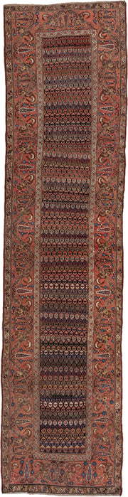 3' x 14' one-of-a-kind handmade antique Bidjar runner rug. Color palette: rust, brown, indigo, ivory, camel, navy