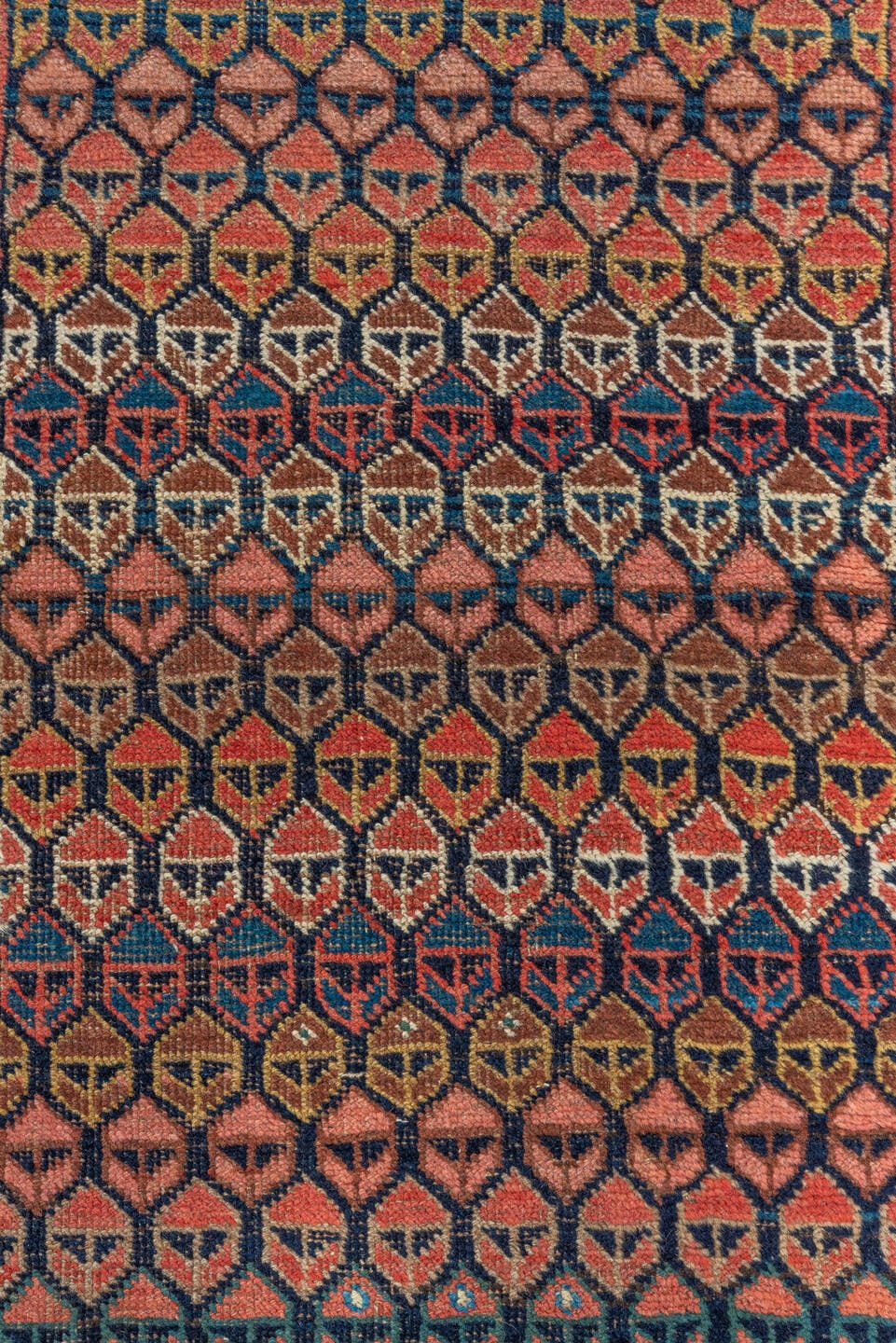 3' x 14' one-of-a-kind handmade antique Bidjar runner rug. Color palette: rust, brown, indigo, ivory, camel, navy