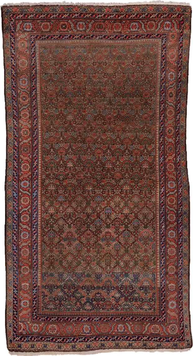 5' x 10' one-of-a-kind handmade vintage Mahal medium size rug. Color palette: rust, brown, navy, taupe, terracotta, slate
