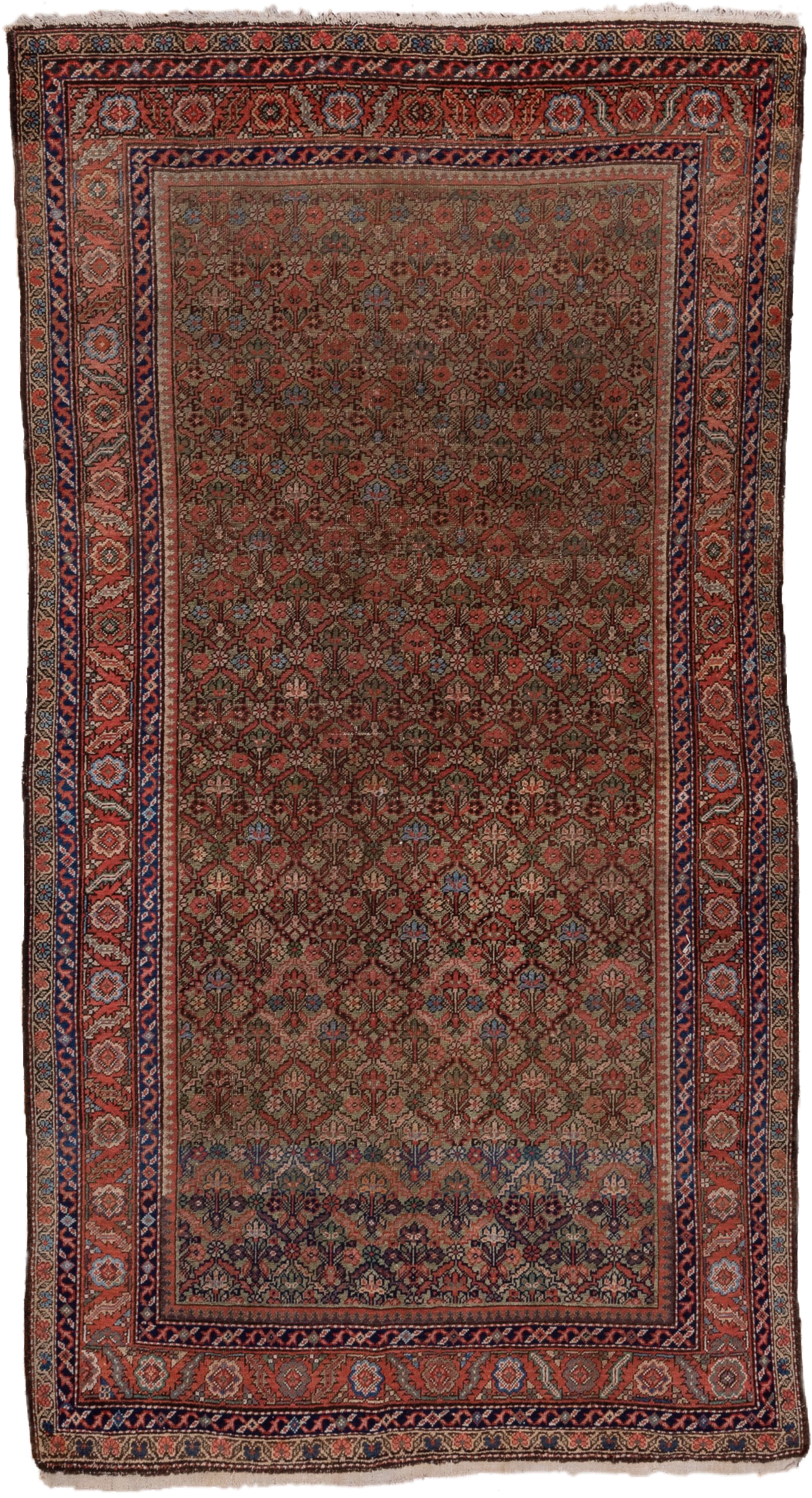 5' x 10' one-of-a-kind handmade vintage Mahal medium size rug. Color palette: rust, brown, navy, taupe, terracotta, slate