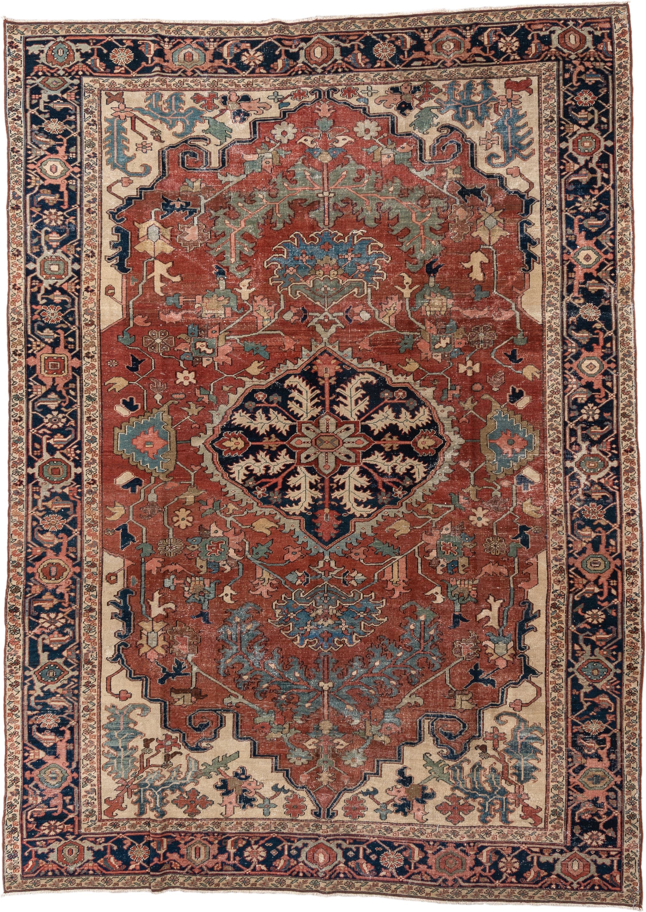 8' x 11' one-of-a-kind handmade vintage Serapi large size rug. Color palette: rust, navy, ivory, sage, camel, slate, rose