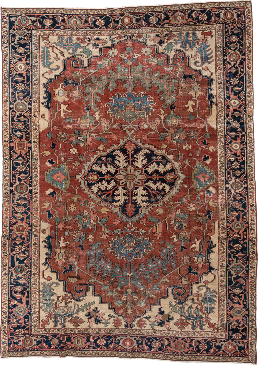 8' x 11' one-of-a-kind handmade vintage Serapi large size rug. Color palette: arapawa, blue, brown, gray, pink, red, redwood