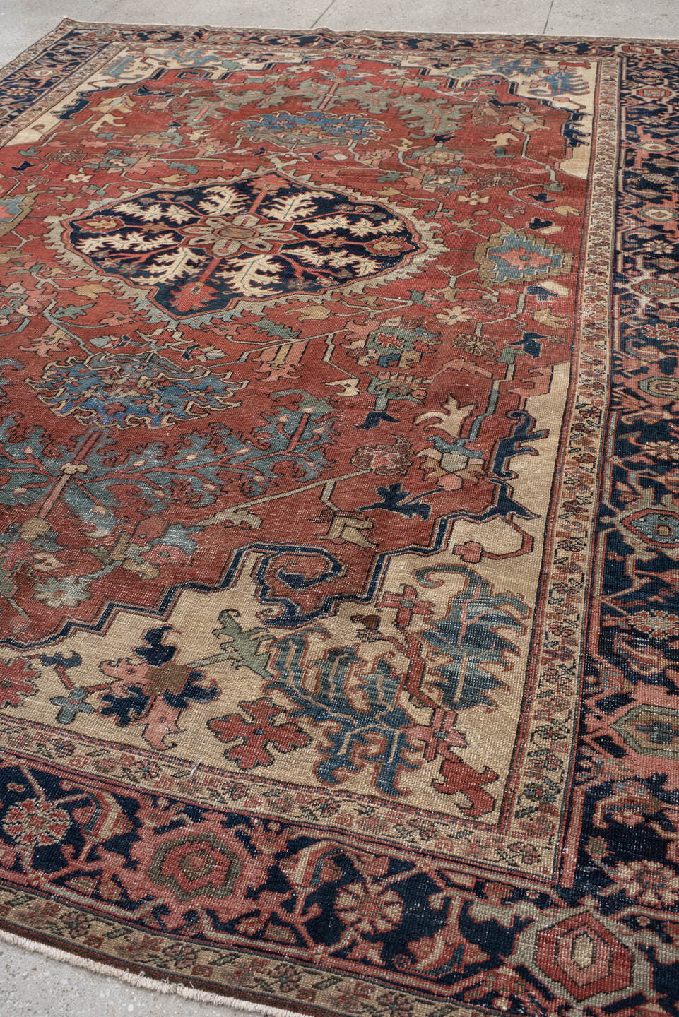 8' x 11' one-of-a-kind handmade vintage Serapi large size rug. Color palette: rust, navy, ivory, sage, camel, slate, rose