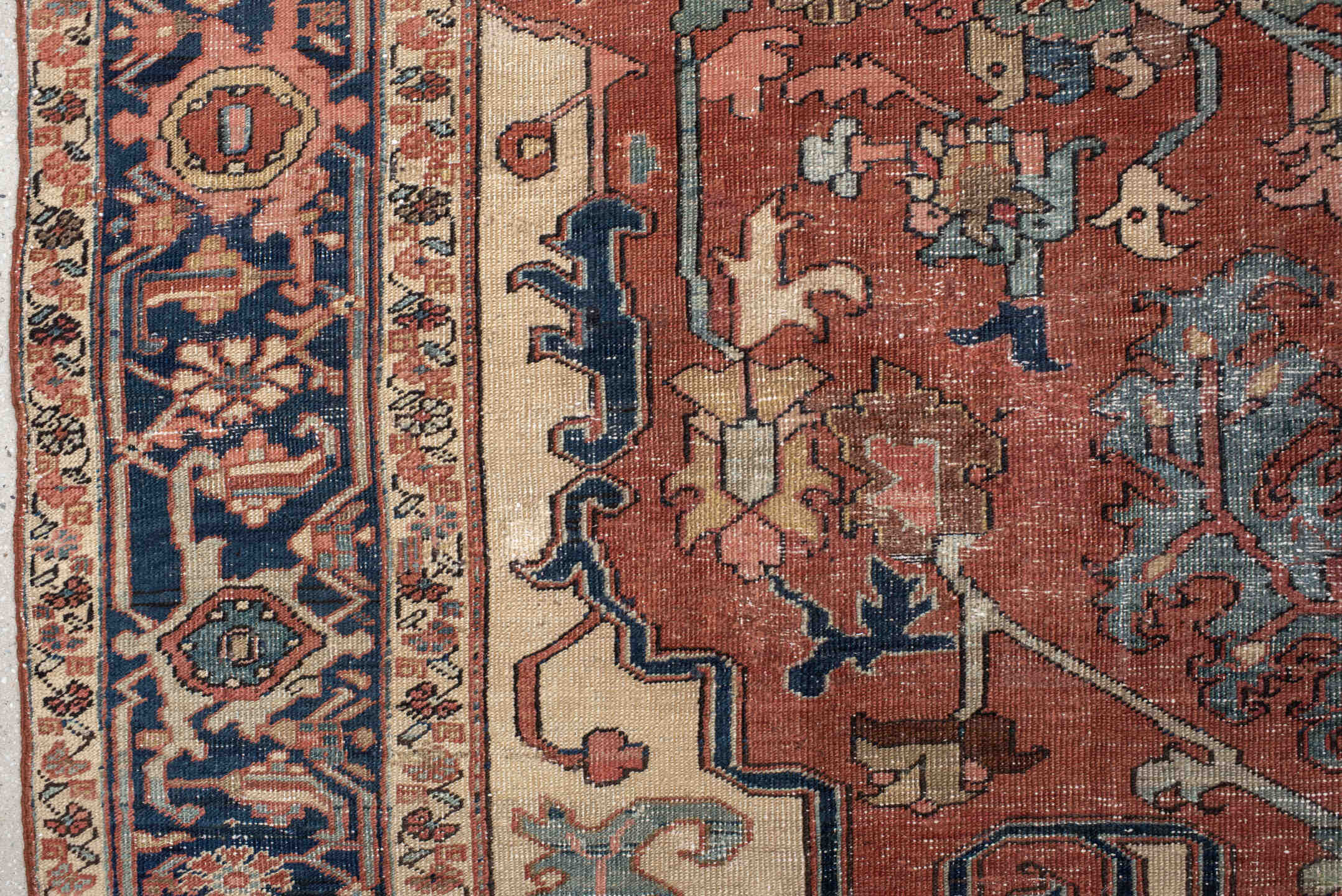 8' x 11' one-of-a-kind handmade vintage Serapi large size rug. Color palette: rust, navy, ivory, sage, camel, slate, rose