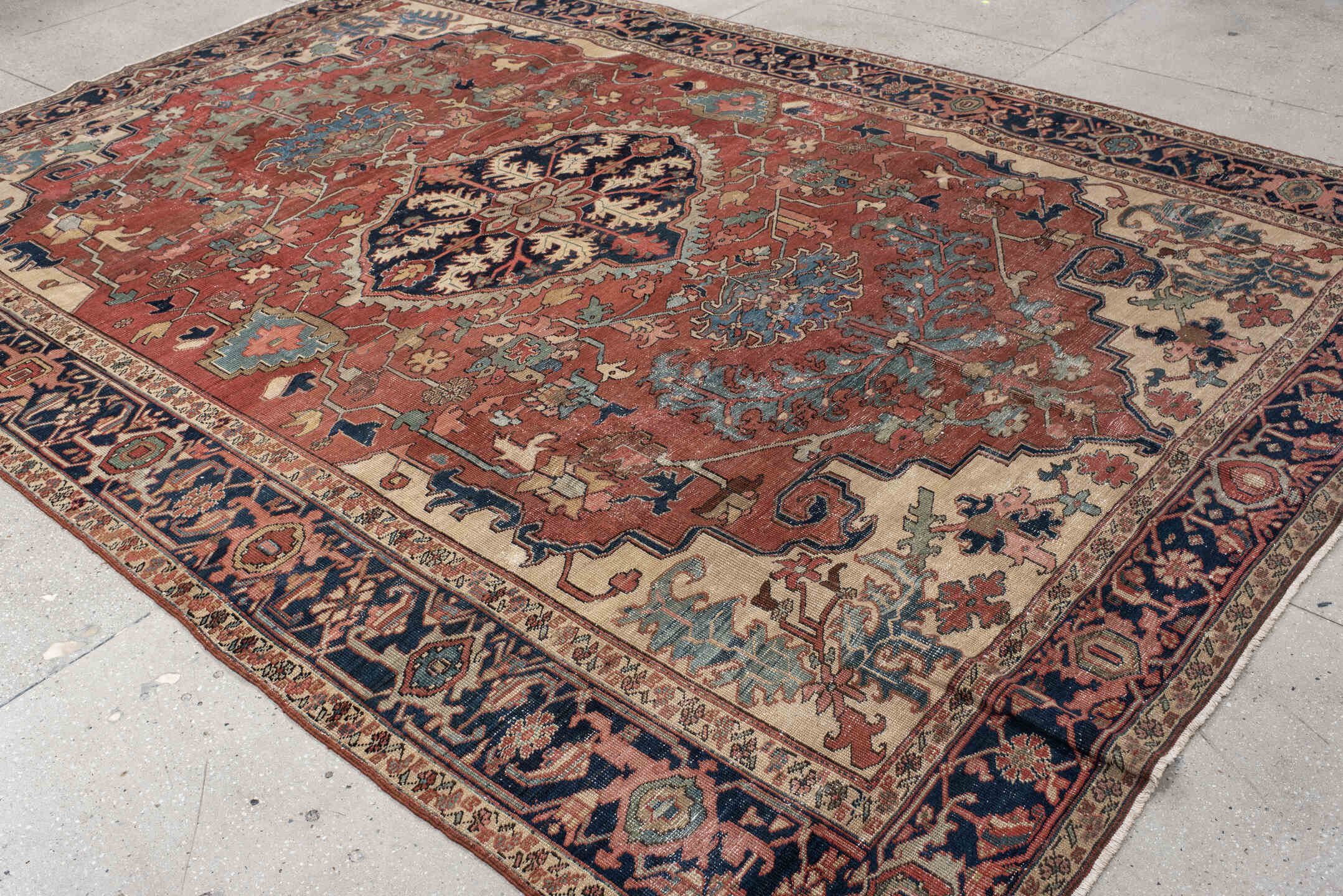 8' x 11' one-of-a-kind handmade vintage Serapi large size rug. Color palette: rust, navy, ivory, sage, camel, slate, rose