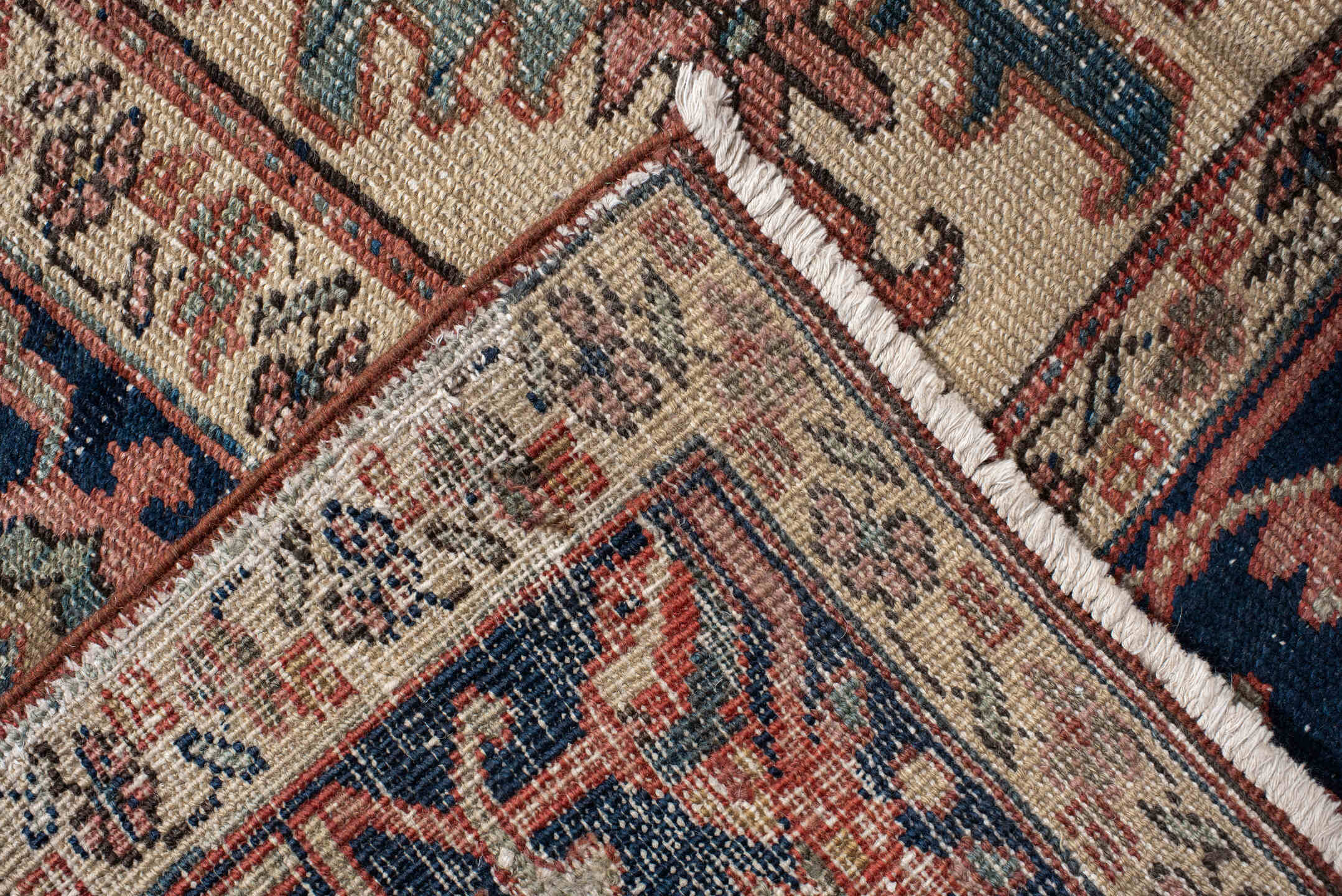 8' x 11' one-of-a-kind handmade vintage Serapi large size rug. Color palette: rust, navy, ivory, sage, camel, slate, rose