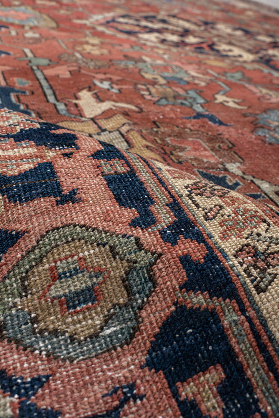 8' x 11' one-of-a-kind handmade vintage Serapi large size rug. Color palette: rust, navy, ivory, sage, camel, slate, rose
