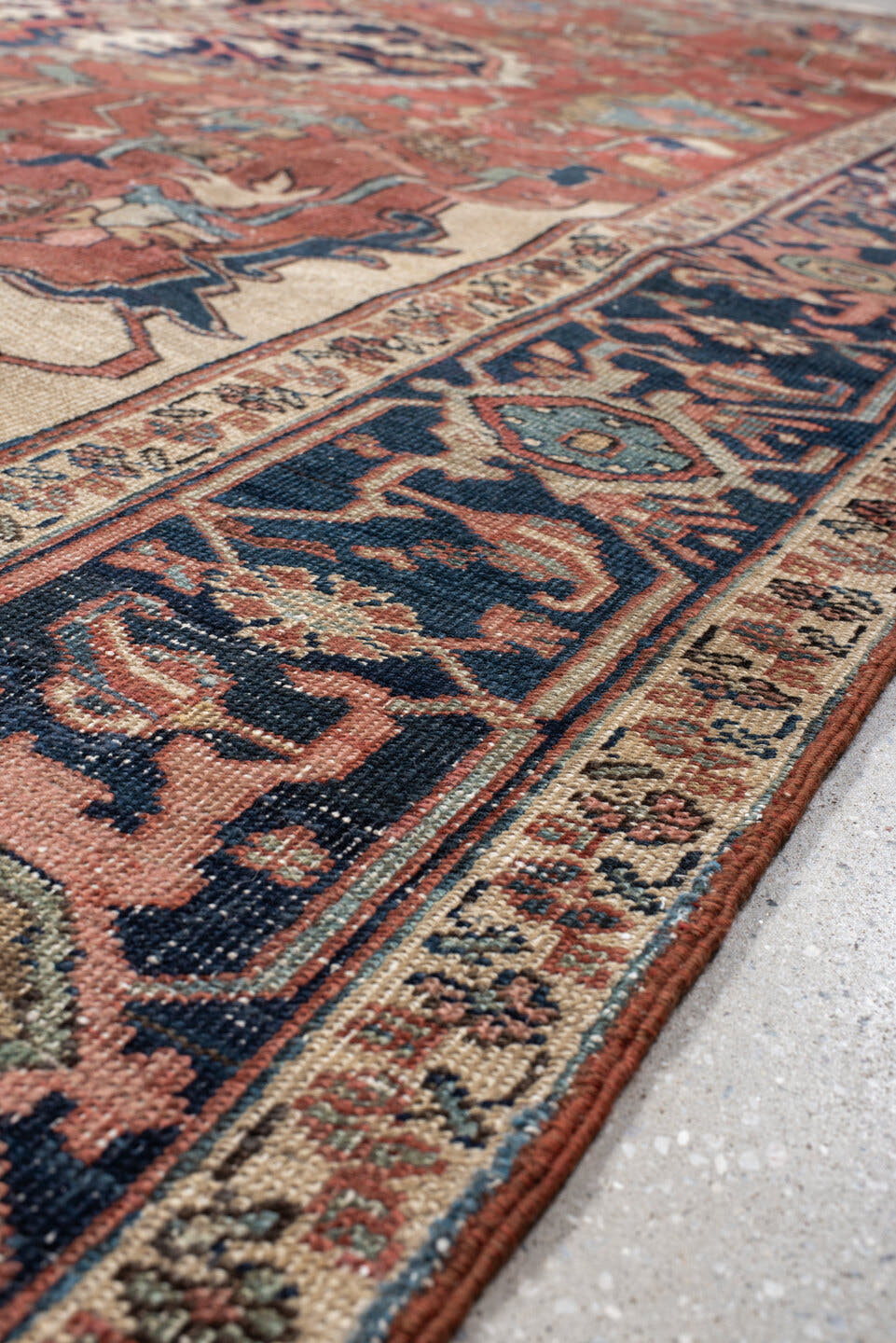 8' x 11' one-of-a-kind handmade vintage Serapi large size rug. Color palette: rust, navy, ivory, sage, camel, slate, rose