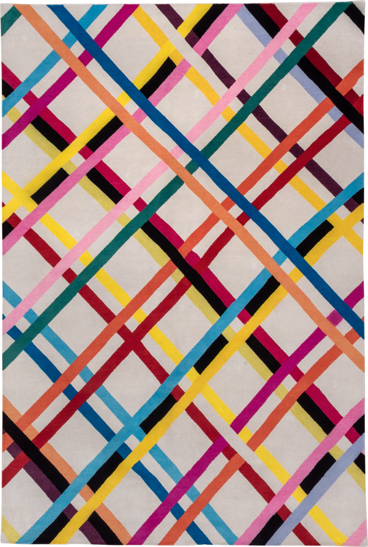 6' x 9' one-of-a-kind handmade handmade Modern medium size rug. Color palette: ivory, pink, yellow, sky blue, teal, navy