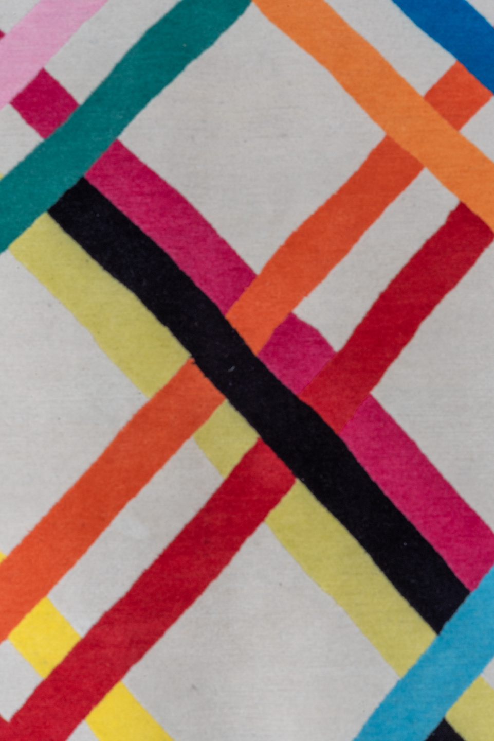 6' x 9' one-of-a-kind handmade handmade Modern medium size rug. Color palette: ivory, pink, yellow, sky blue, teal, navy