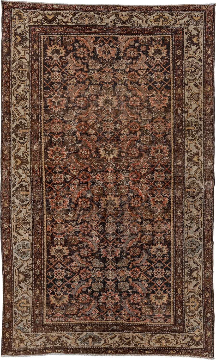 4' x 6' one-of-a-kind handmade vintage Far.Sarouk small size rug. Color palette: brown, ivory, rust, taupe, rose, charcoal