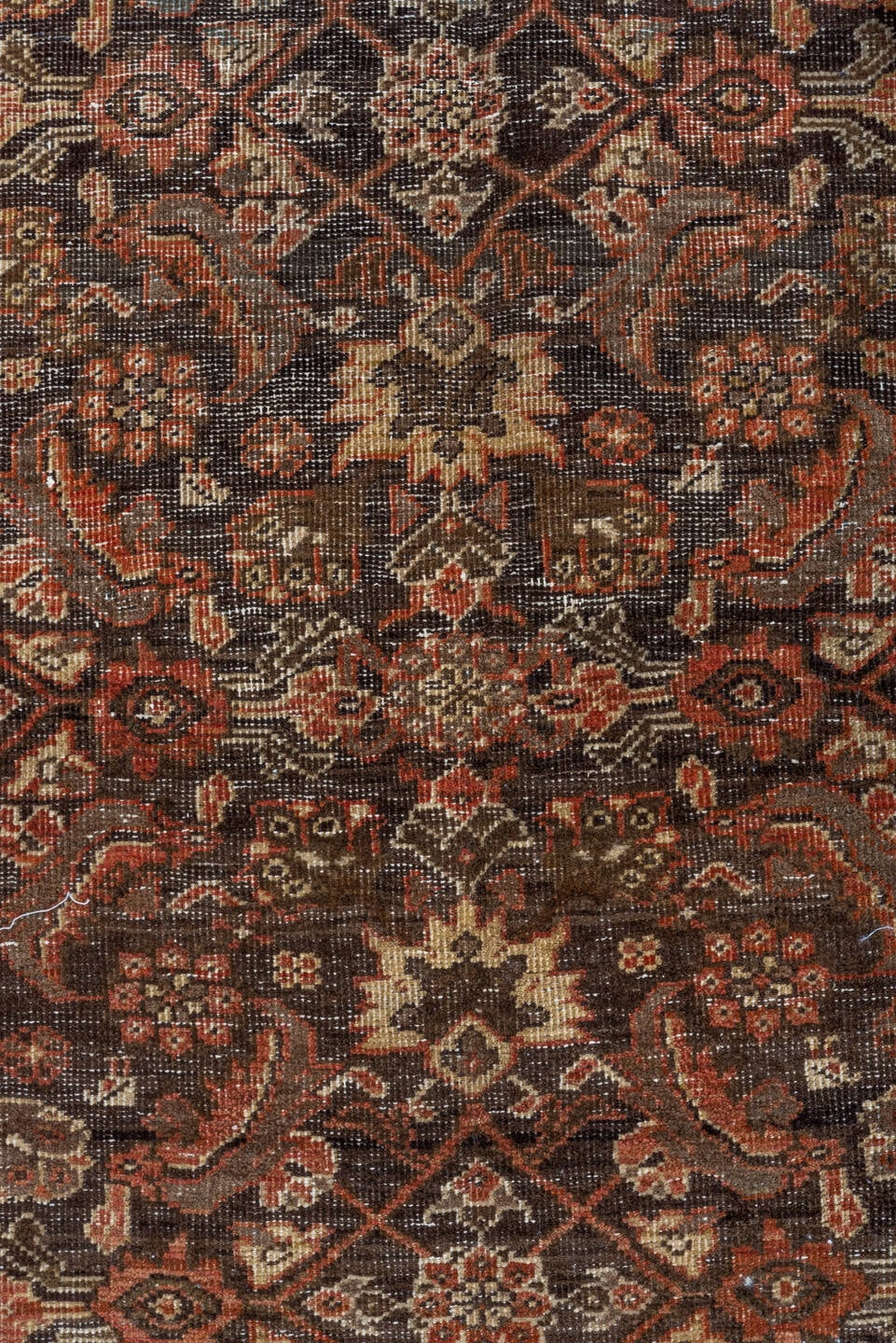 4' x 6' one-of-a-kind handmade vintage Far.Sarouk small size rug. Color palette: brown, ivory, rust, taupe, rose, charcoal