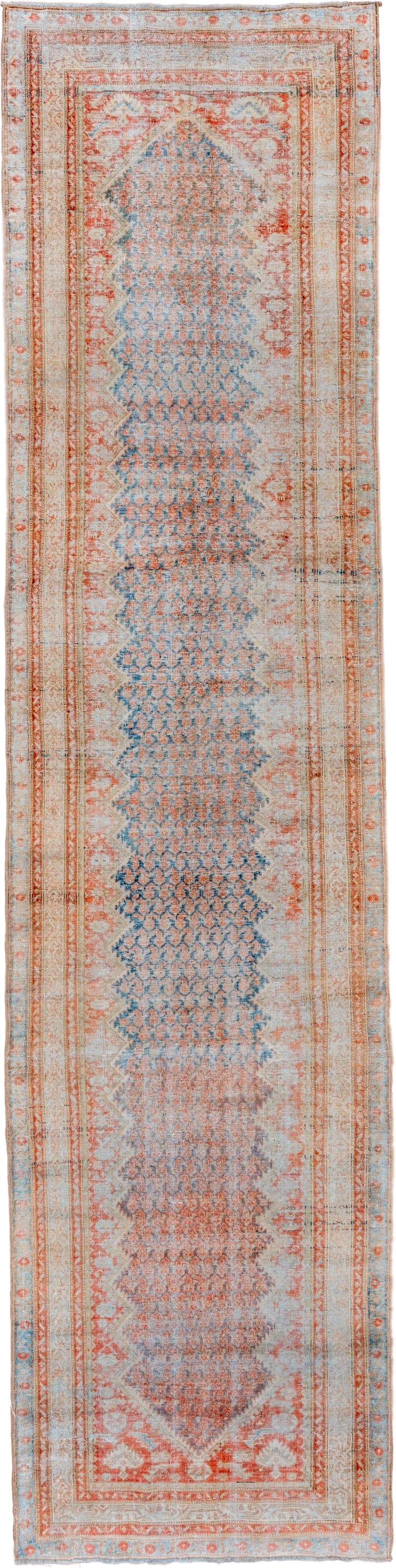 3' x 13' one-of-a-kind handmade vintage Mahal runner rug. Color palette: sky blue, ivory, coral, rust, peach, taupe