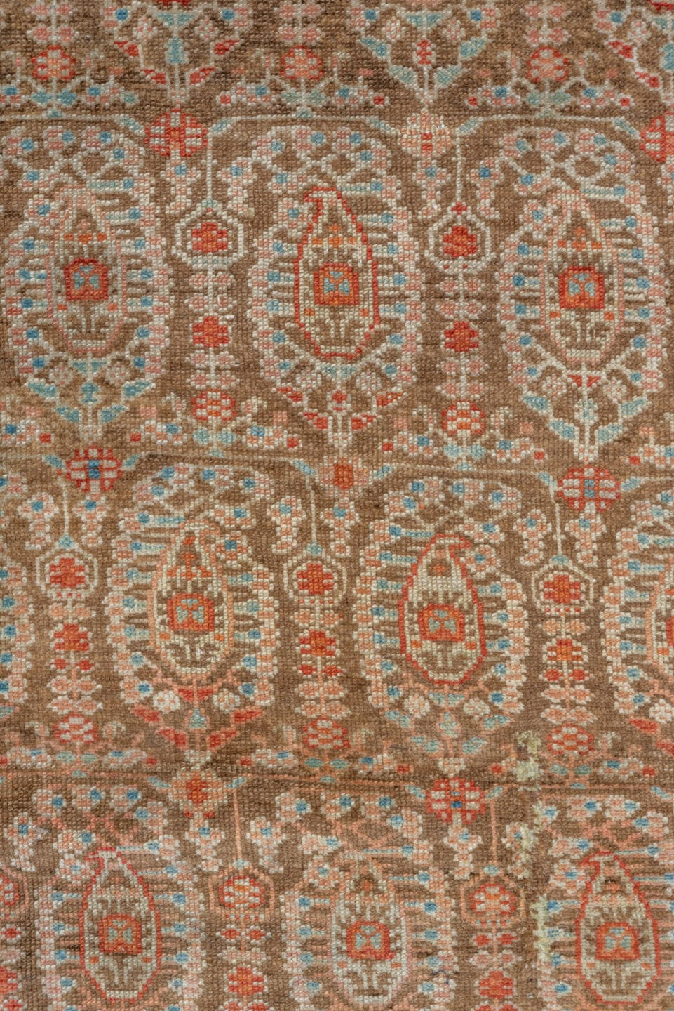 3' x 11' one-of-a-kind handmade vintage Malayer runner rug. Color palette: camel, ivory, sky blue, rust, terra cotta, brown