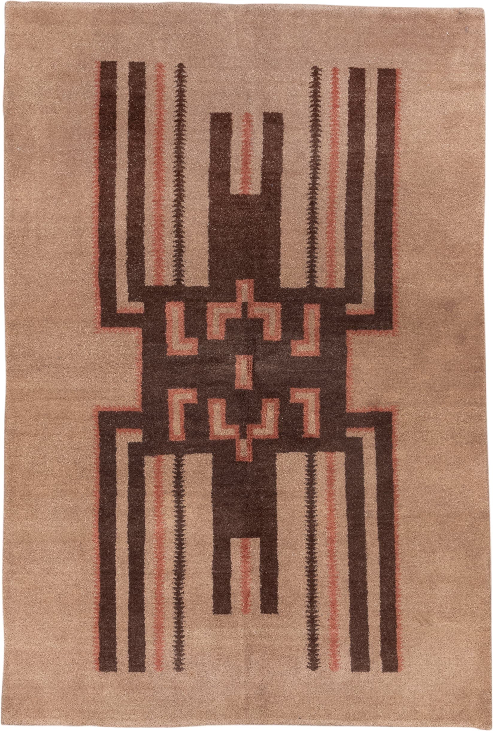 5' x 8' one-of-a-kind handmade vintage Art Deco medium size rug. Color palette: camel, chocolate_brown, rose, ivory, taupe