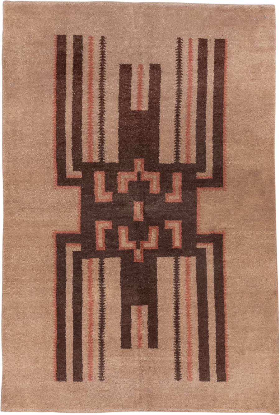 5' x 8' one-of-a-kind handmade vintage Art Deco medium size rug. Color palette: camel, chocolate_brown, rose, ivory, taupe