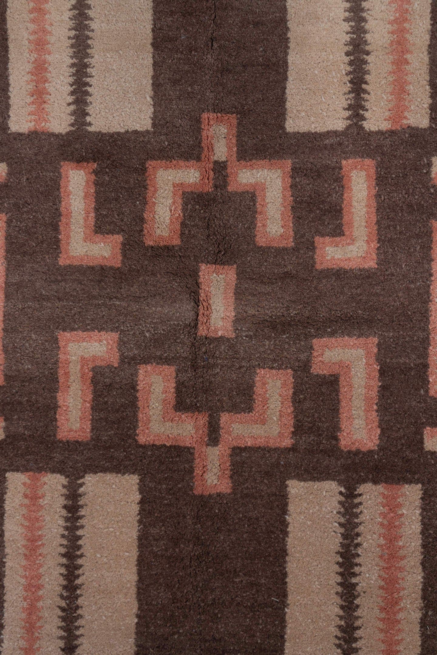 5' x 8' one-of-a-kind handmade vintage Art Deco medium size rug. Color palette: camel, chocolate_brown, rose, ivory, taupe