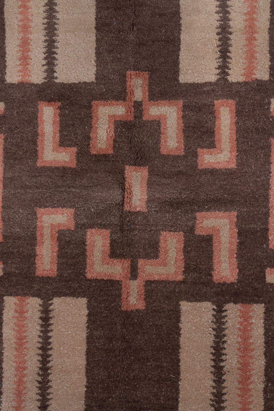 5' x 8' one-of-a-kind handmade vintage Art Deco medium size rug. Color palette: camel, chocolate_brown, rose, ivory, taupe