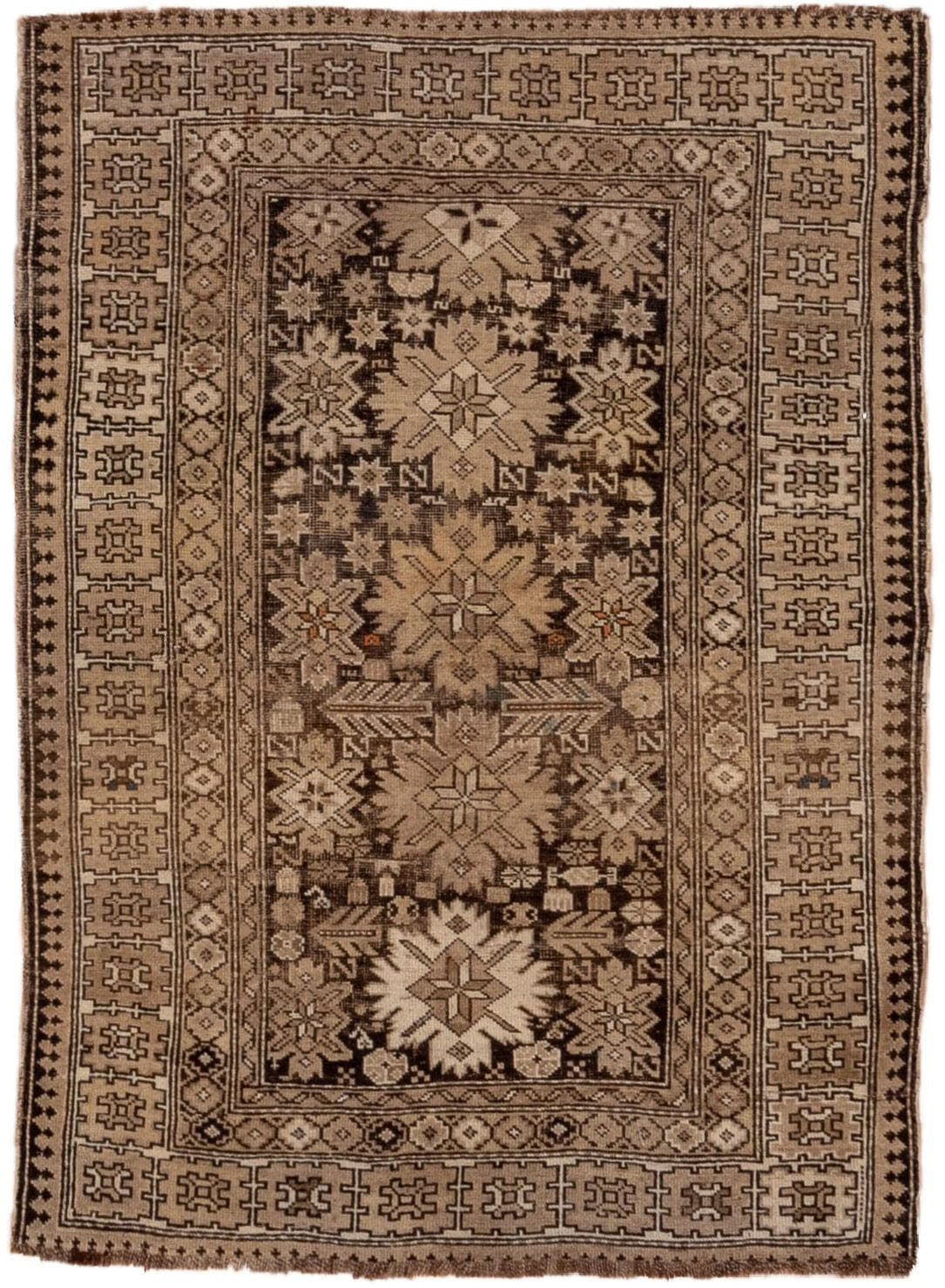 3' x 4' one-of-a-kind handmade vintage Shirvan small size rug. Color palette: taupe, brown, ivory, camel, charcoal, rust