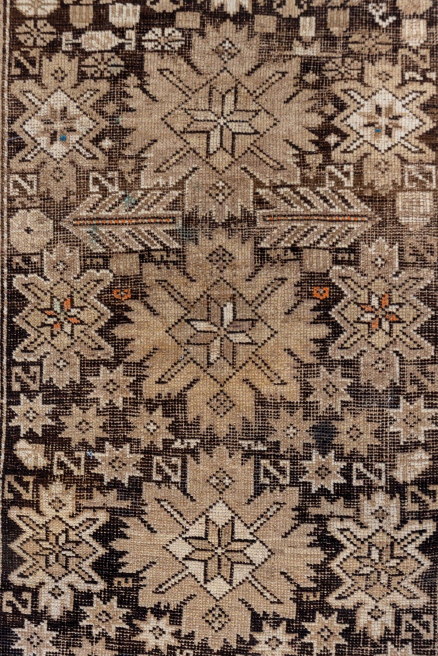 3' x 4' one-of-a-kind handmade vintage Shirvan small size rug. Color palette: taupe, brown, ivory, camel, charcoal, rust