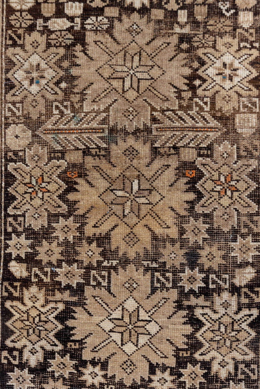 3' x 4' one-of-a-kind handmade vintage Shirvan small size rug. Color palette: taupe, brown, ivory, camel, charcoal, rust