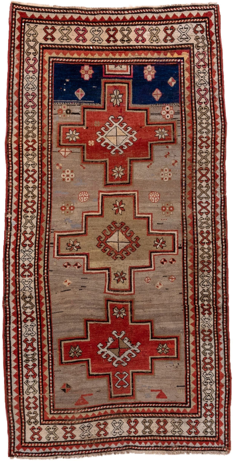 3' x 7' one-of-a-kind handmade vintage Shirvan runner rug. Color palette: taupe, rust, ivory, indigo, crimson, charcoal