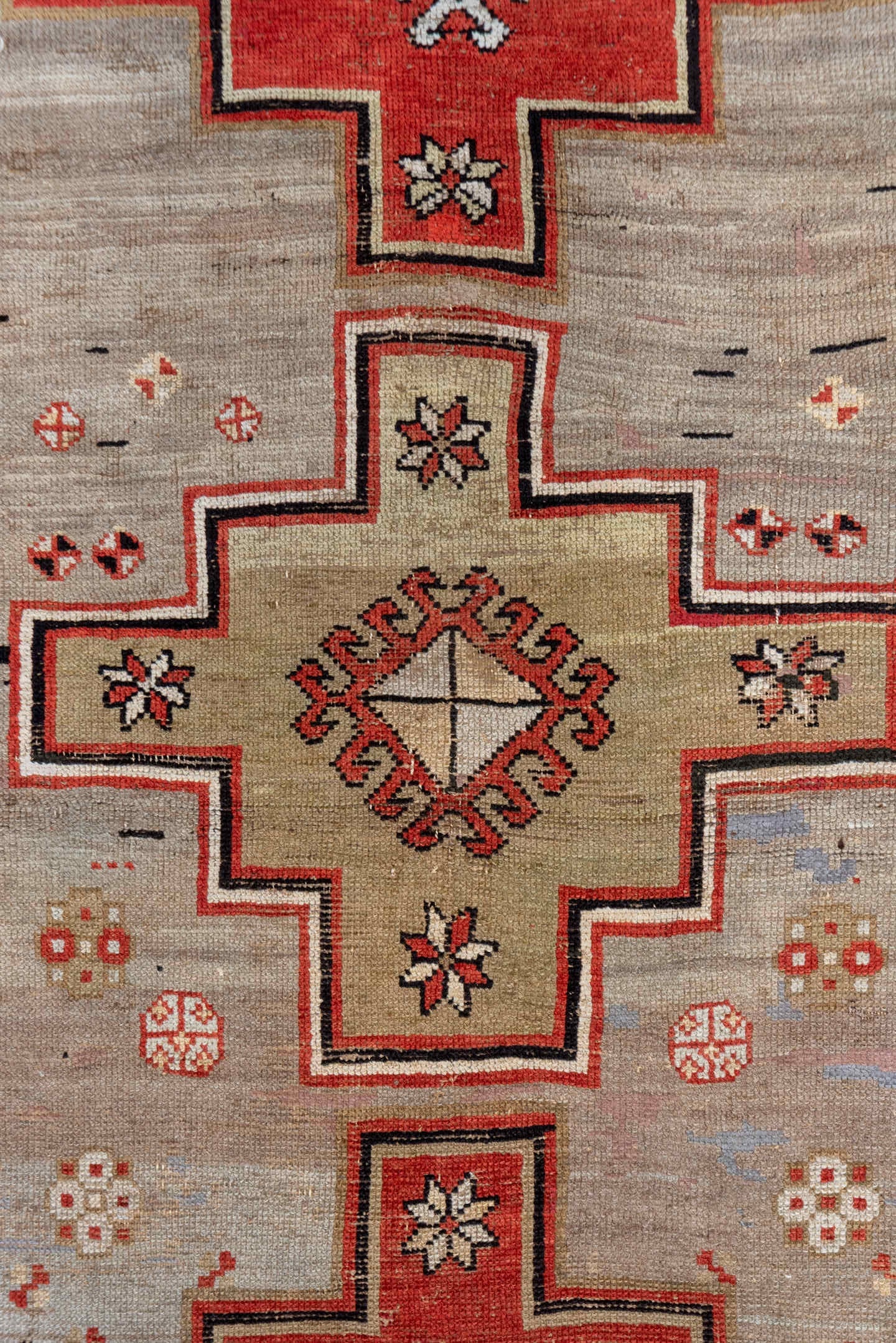3' x 7' one-of-a-kind handmade vintage Shirvan runner rug. Color palette: taupe, rust, ivory, indigo, crimson, charcoal
