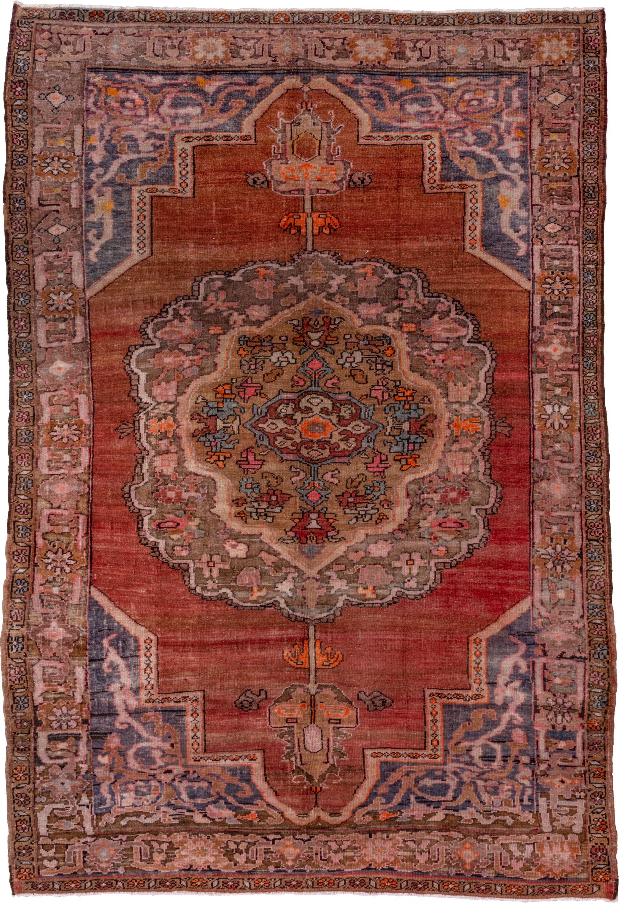7' x 11' one-of-a-kind handmade vintage Kars large size rug. Color palette: rose, terra cotta, taupe, slate, ivory, rust