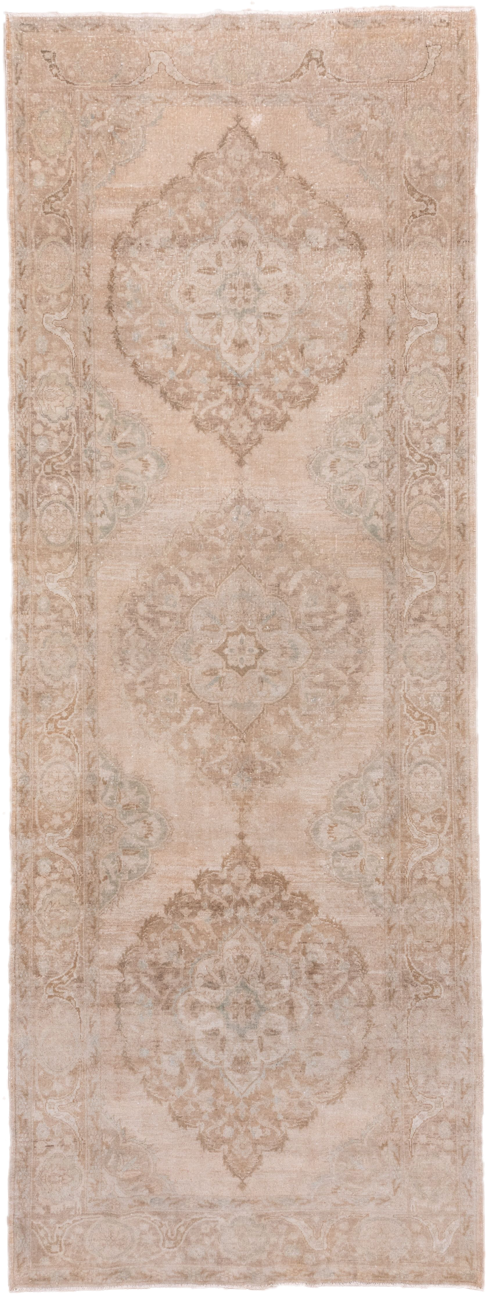 5' x 13' one-of-a-kind handmade vintage Oushak rug. Color palette: blush, beige, taupe, ivory, sage, sand, pink, gray, green