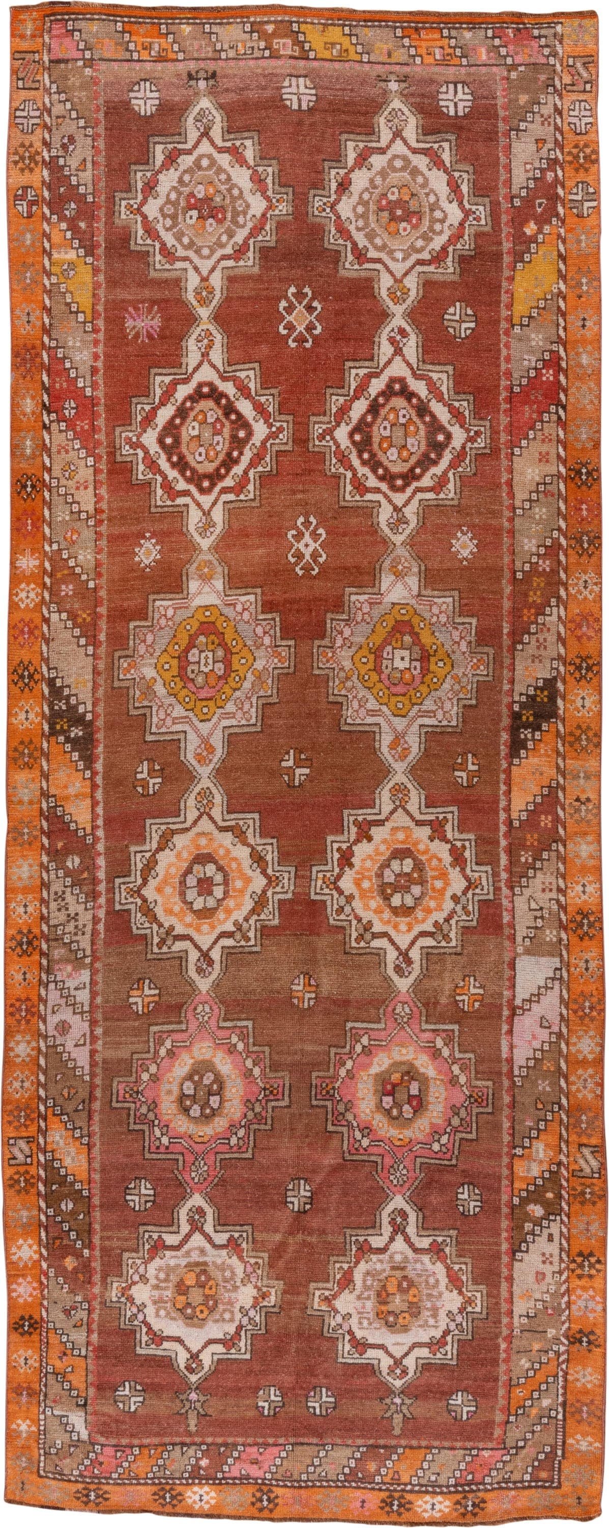 5' x 12' one-of-a-kind handmade vintage Kars runner rug. Color palette: rust, terra cotta, ivory, orange, taupe, gold, rose