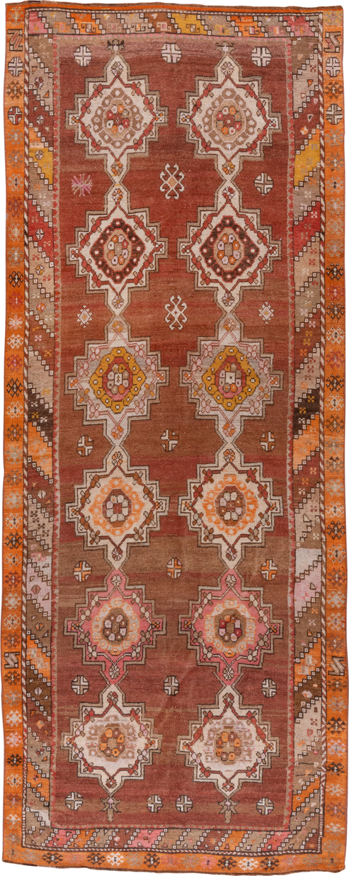 5' x 12' one-of-a-kind handmade vintage Kars runner rug. Color palette: brown, gray, pink