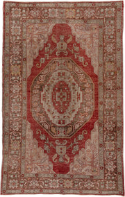 5' x 8' one-of-a-kind handmade vintage Oushak medium size rug. Color palette: red, ivory, taupe, rose, brown, sage, beige