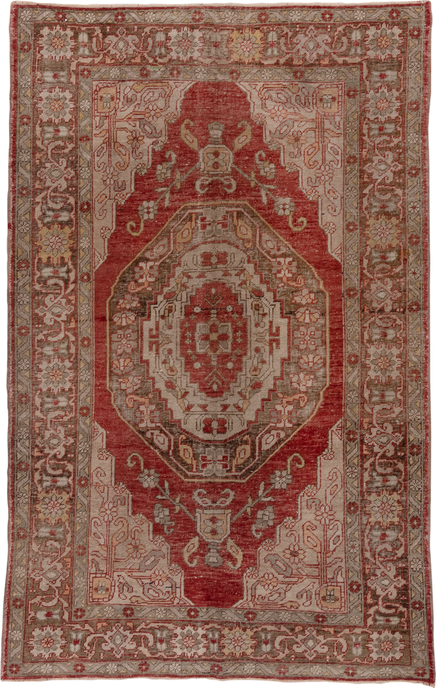 5' x 8' one-of-a-kind handmade vintage Oushak medium size rug. Color palette: red, ivory, taupe, rose, brown, sage, beige