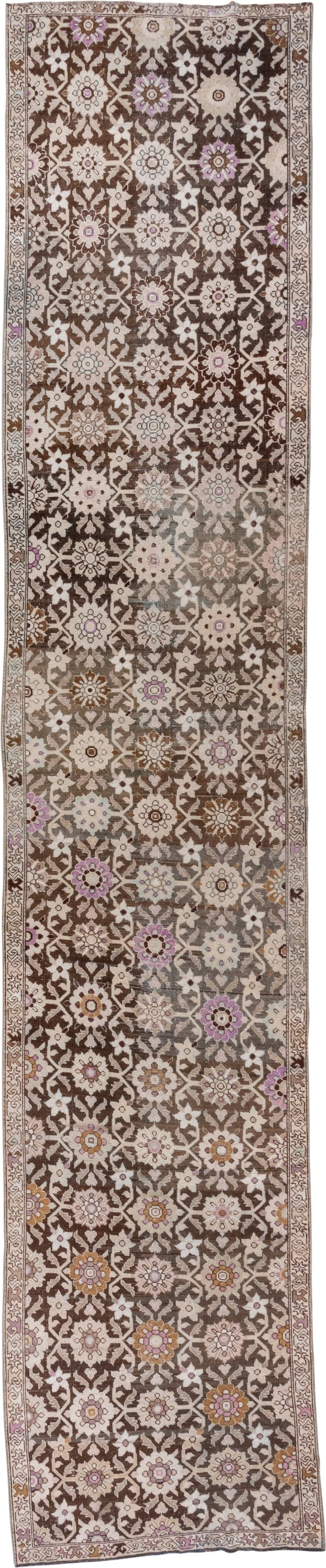 3' x 18' one-of-a-kind handmade vintage Karabagh runner rug. Color palette: ivory, brown, taupe, rose, lavender, gold, beige
