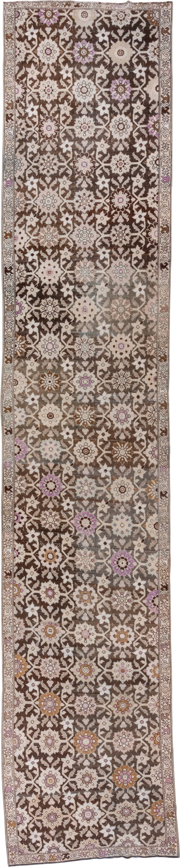 3' x 18' one-of-a-kind handmade vintage Karabagh runner rug. Color palette: ivory, brown, taupe, rose, lavender, gold, beige