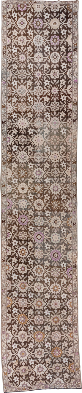 3' x 18' one-of-a-kind handmade vintage Karabagh runner rug. Color palette: brown, gray, light gray, off-white, snow, white