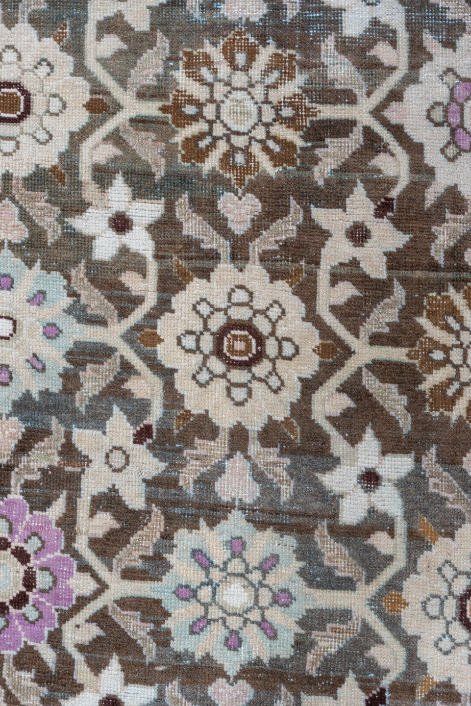3' x 18' one-of-a-kind handmade vintage Karabagh runner rug. Color palette: ivory, brown, taupe, rose, lavender, gold, beige