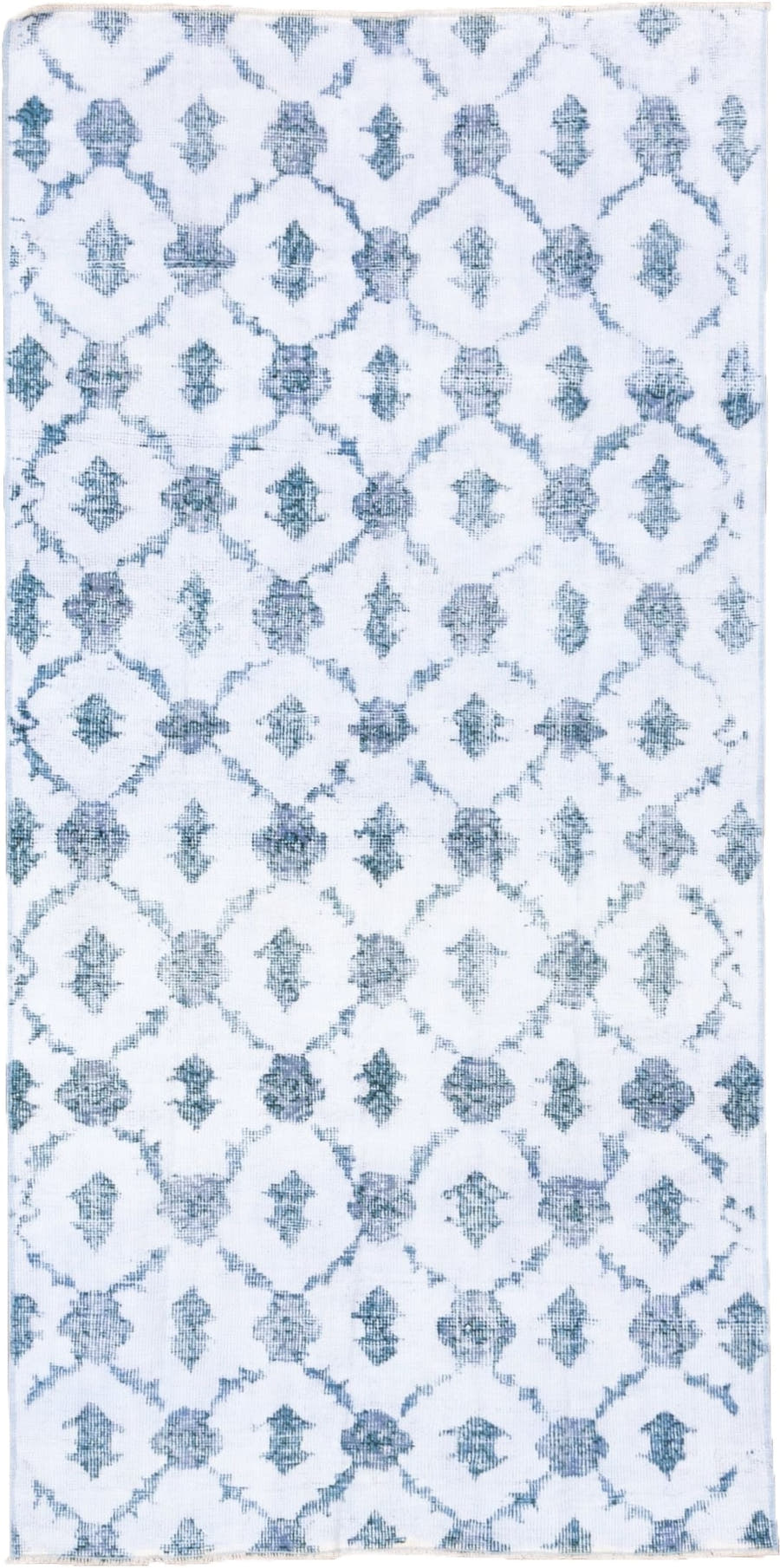 3' x 6' one-of-a-kind handmade vintage Oushak runner rug. Color palette: ivory, sky blue, slate, pale blue, light blue, gray