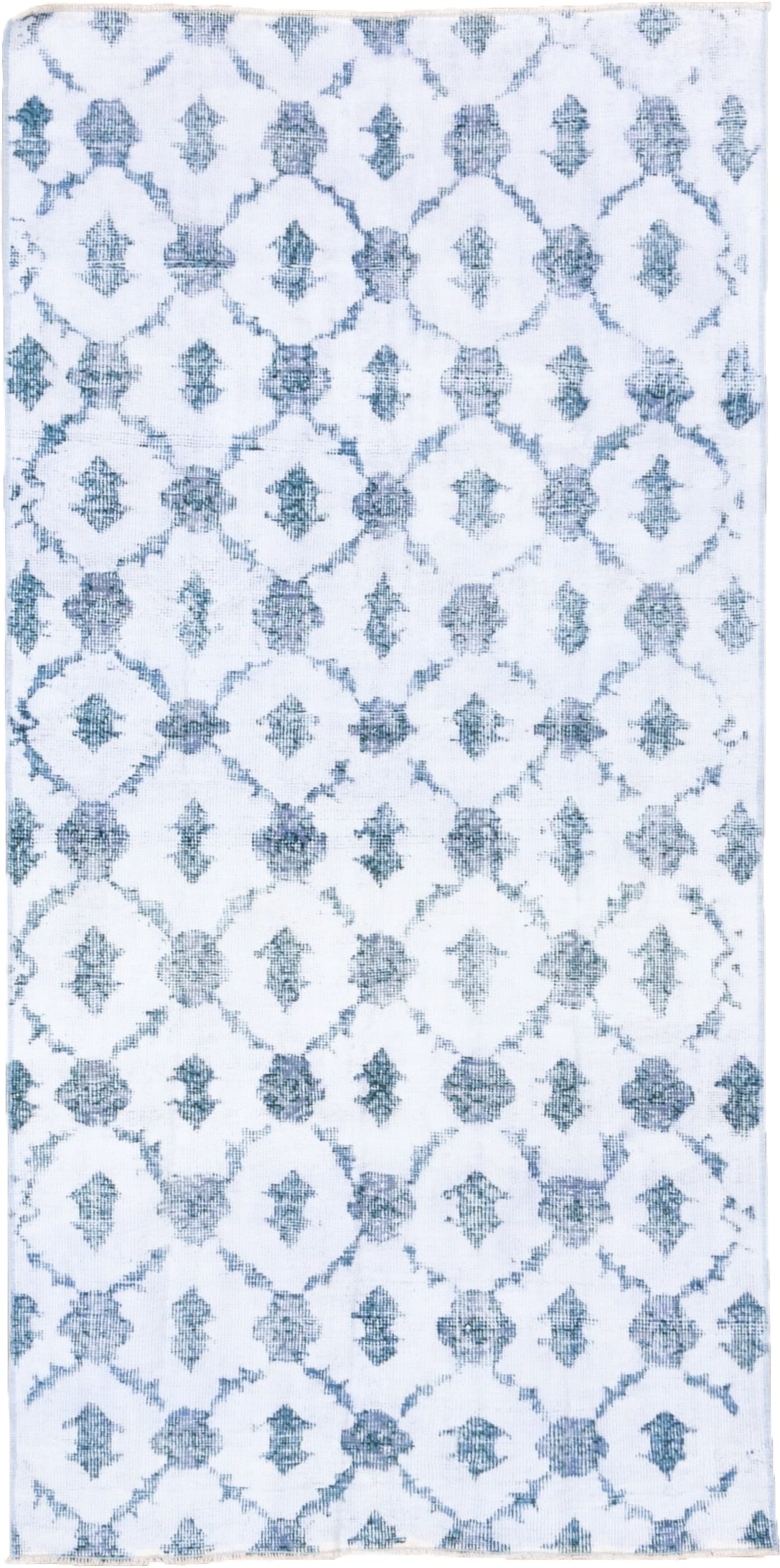 3' x 6' one-of-a-kind handmade vintage Oushak runner rug. Color palette: ivory, sky blue, slate, pale blue, light blue, gray