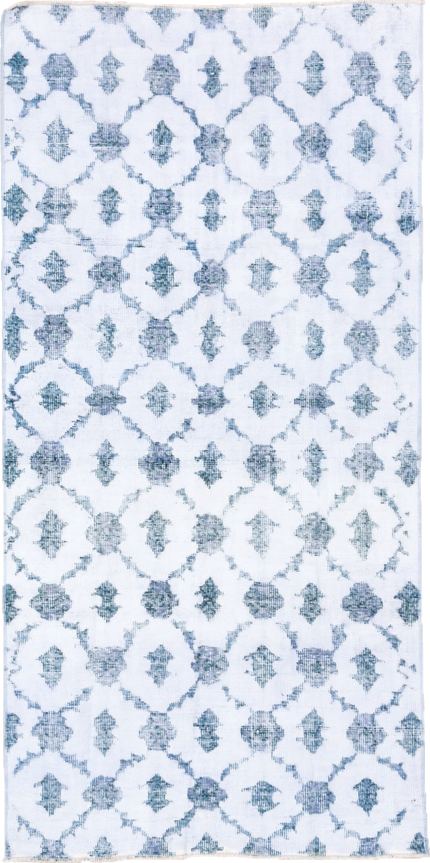 3' x 6' one-of-a-kind handmade vintage Oushak runner rug. Color palette: alice blue, arapawa, blue, ghost white, gray