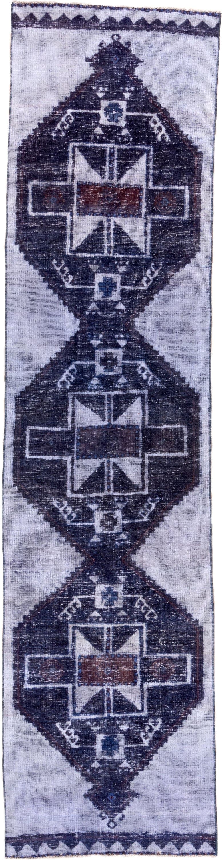 3' x 12' one-of-a-kind handmade vintage Oushak runner rug. Color palette: ivory, indigo, charcoal, slate, rust, purple, gray