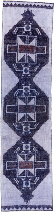 3' x 12' one-of-a-kind handmade vintage Oushak runner rug. Color palette: ivory, indigo, charcoal, slate, rust, purple, gray