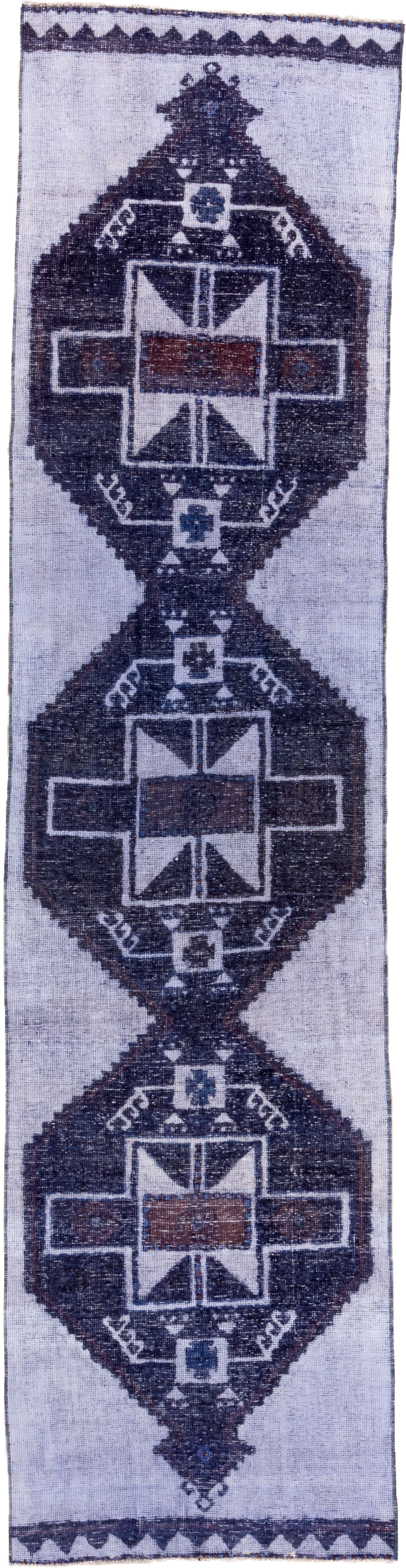 3' x 12' one-of-a-kind handmade vintage Oushak runner rug. Color palette: ivory, indigo, charcoal, slate, rust, purple, gray