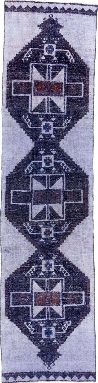 3' x 12' one-of-a-kind handmade vintage Oushak runner rug. Color palette: blue, gray, light blue, light gray, off-white